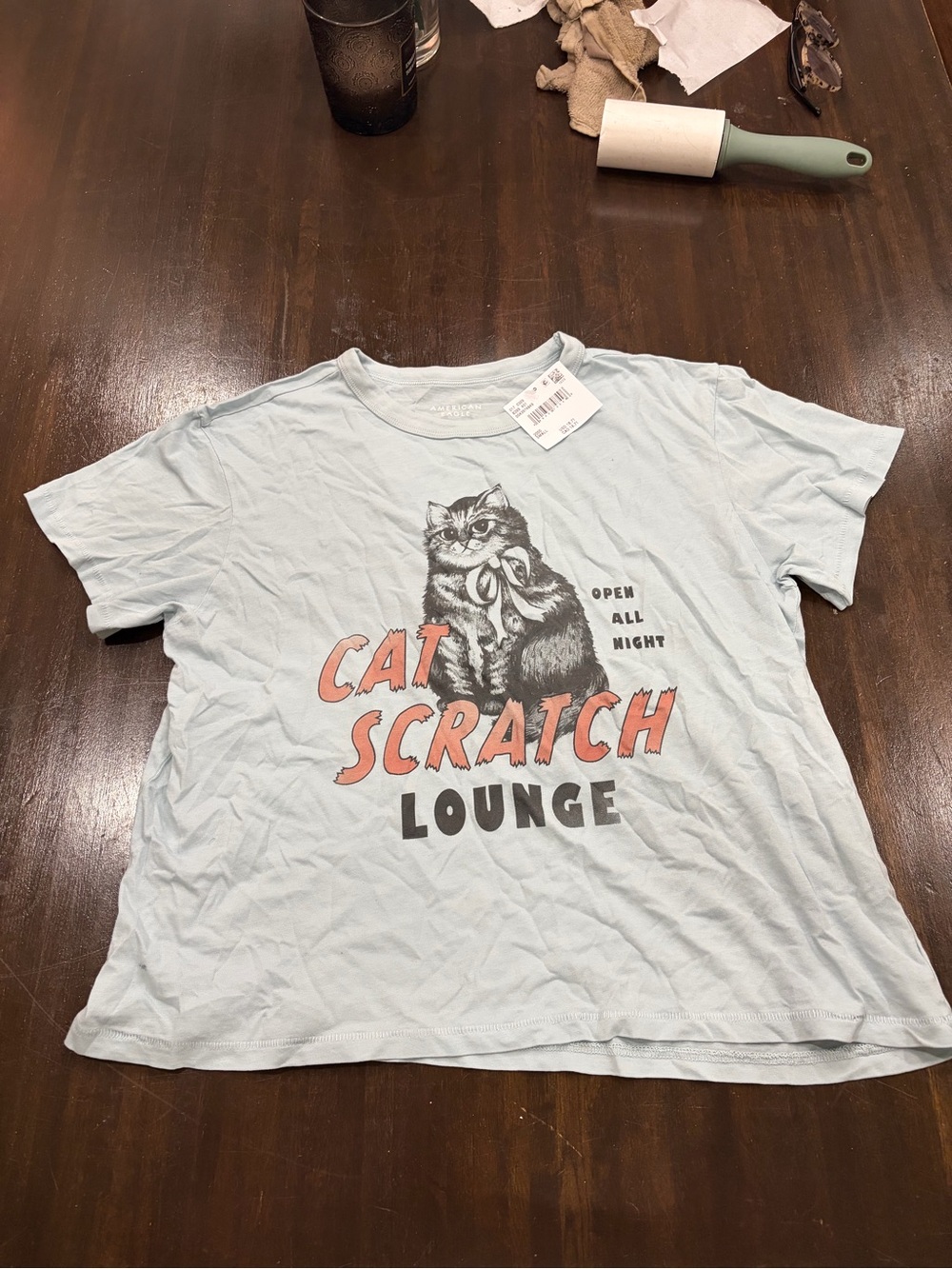 American Eagle Outfitters Light Blue 'Cat Scratch Lounge' Graphic Tee - Women